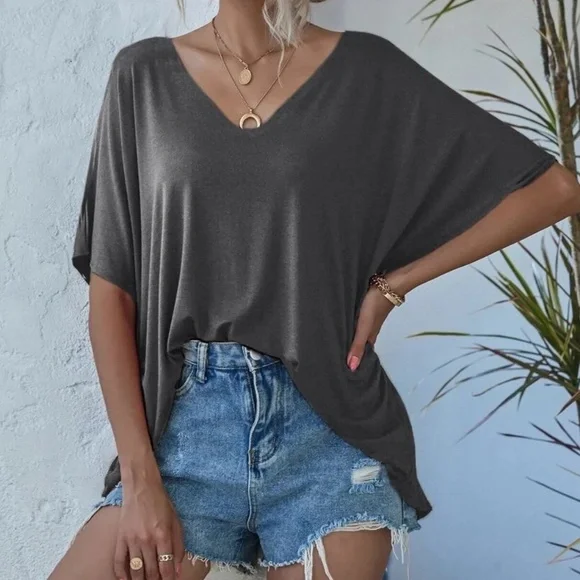 Solid V neck Oversized Top - Picture 1 of 12